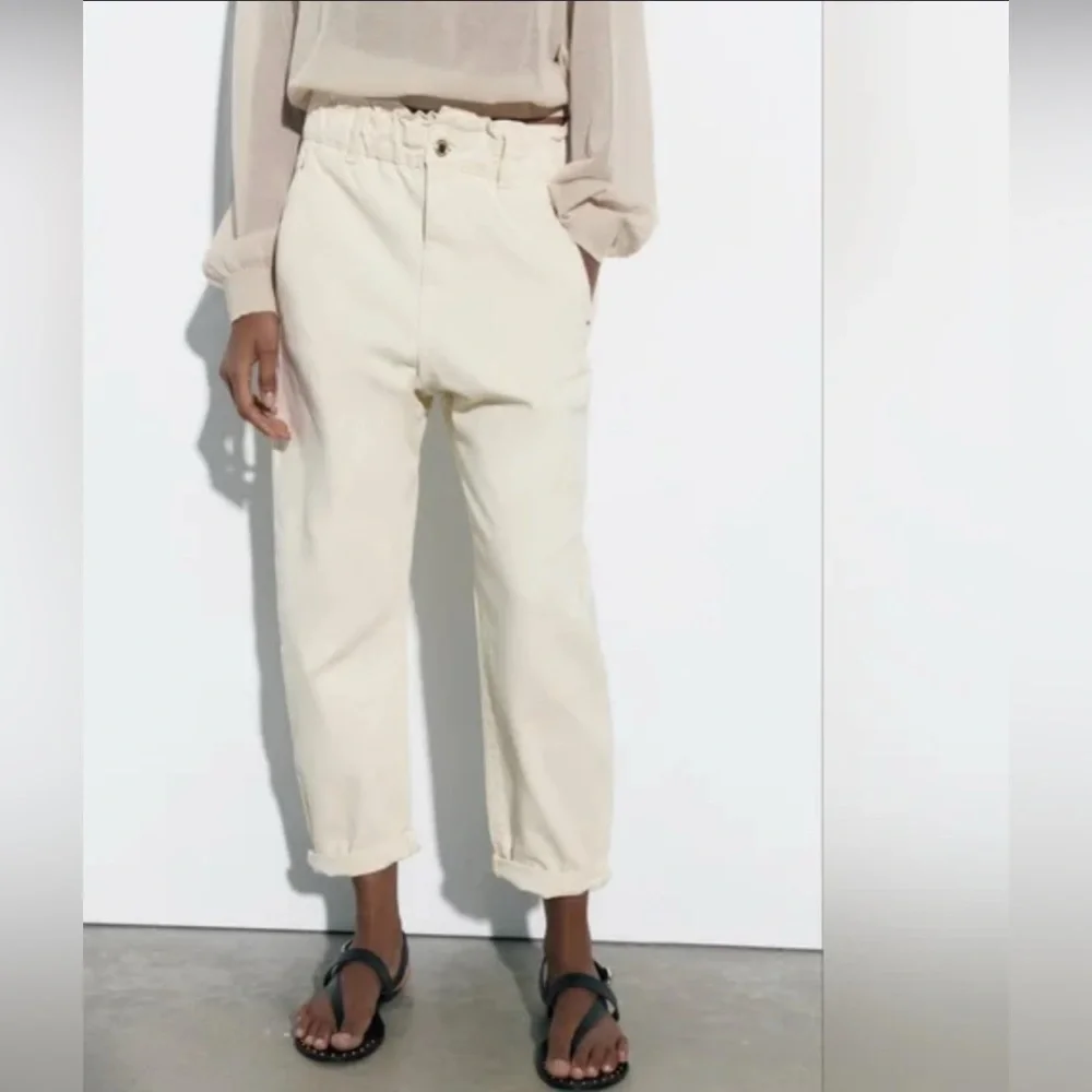 Zara White Paperbag Waist Trousers Jeans Size 10 - Picture 5 of 12